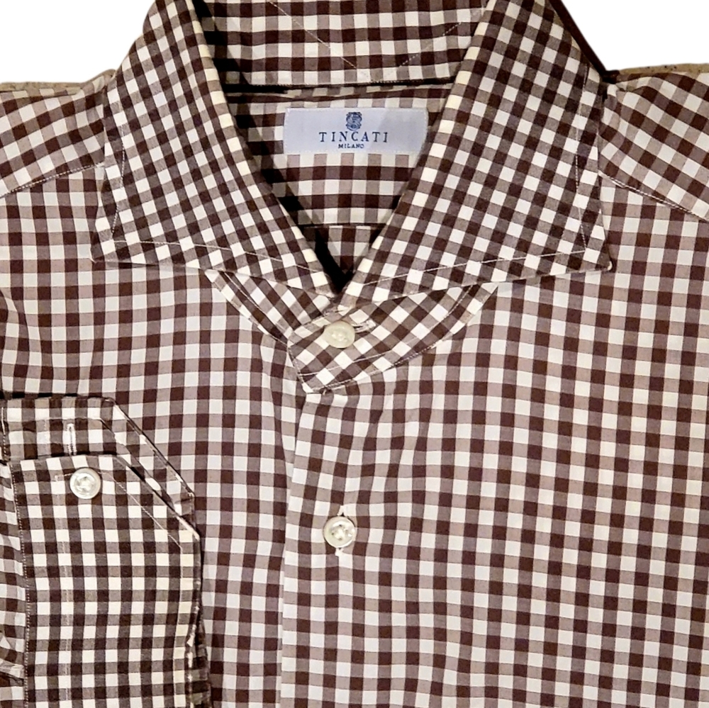❤️ TINCATI MILANO Men's brown check Long Sleeve button down shirt 42 16.5